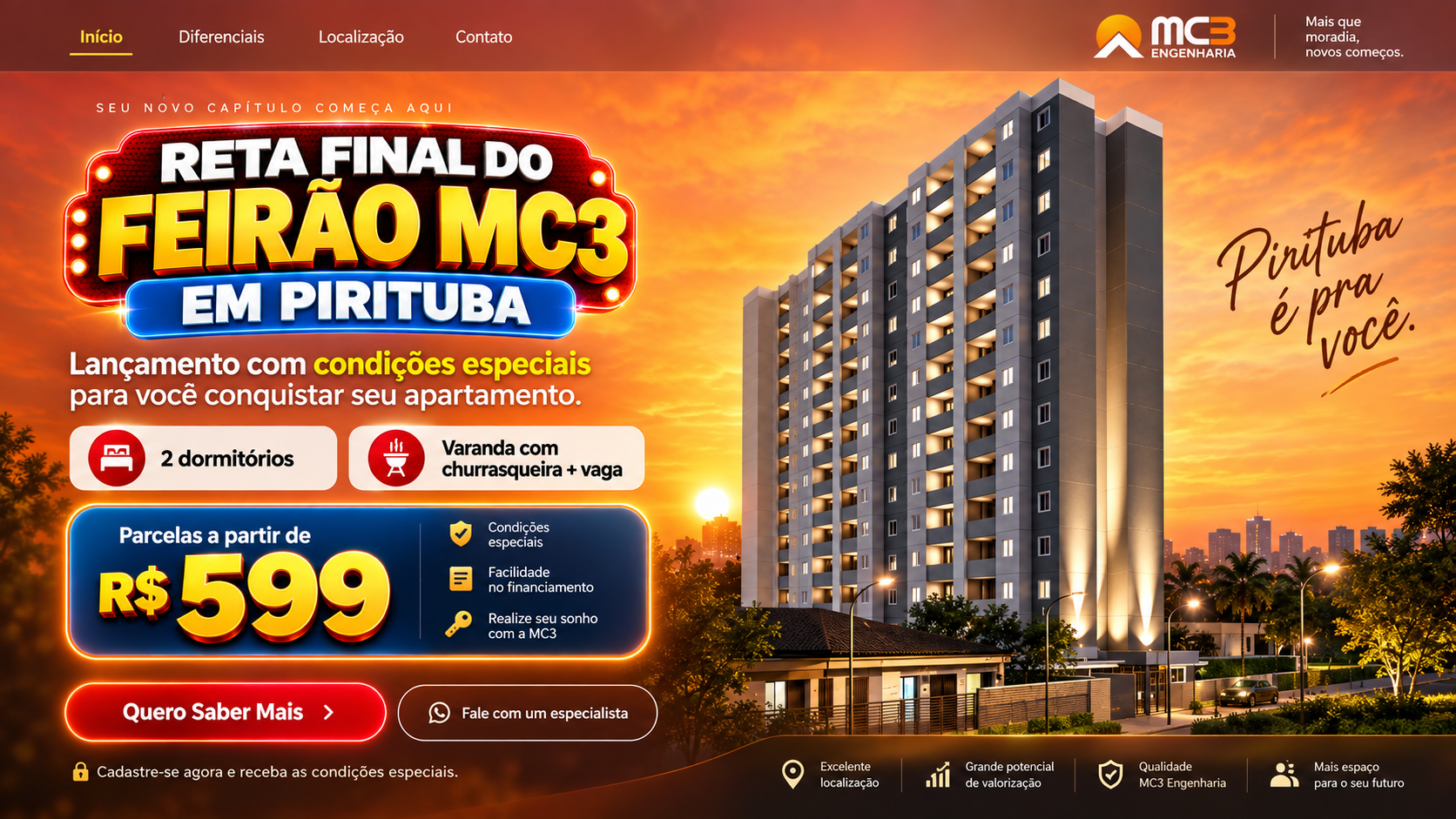 Feirão MC3 em Pirituba: lançamento com parcelas a partir de 599 reais.